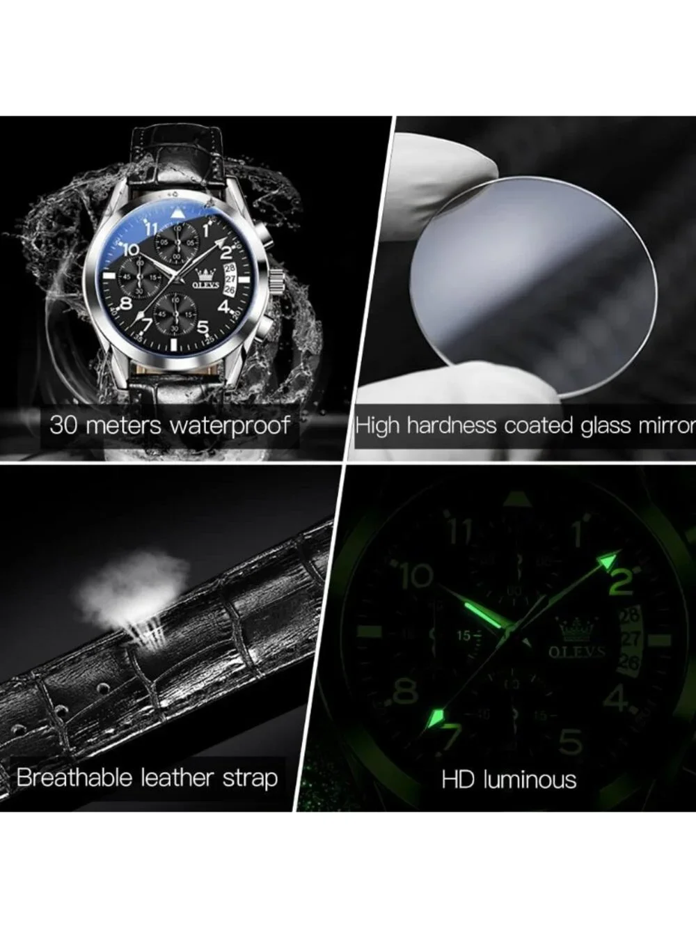 Mens Silver Large Face Black Leather Analog Classic Chronograph Waterproof Watch